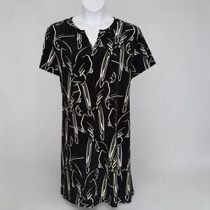 Chico's Parrot Print Jersey Shift Dress Black White Notched Neck Sz 4 Plus 2X 3X
